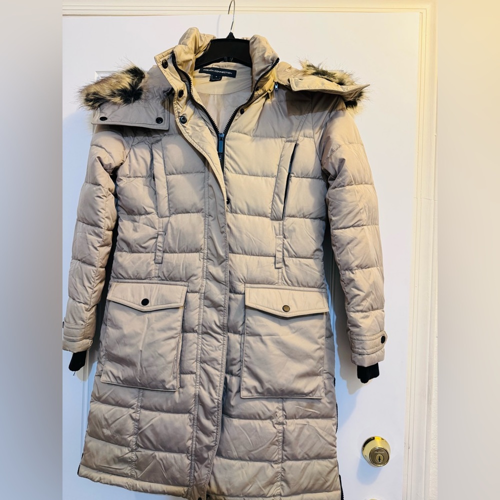 French Connection Light Tan Puffer Jacket with Faux Fur Trim